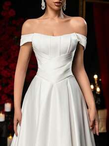 Glamrae Elegant And Glamorous White Satin Off-The-Shoulder Sailboat Neckline, Multiple Boning Details, Full-Body Pleats, And A Super-Large Train, Suitable For Weddings, Bridal Gowns, And Formal Occasions. - White - View 2