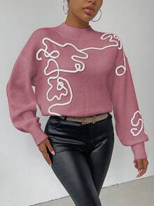 SHEIN LUNE 女士休闲3D图案针织毛衣，秋冬 - 紅木色 - 查看 5