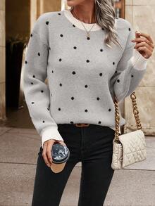 EMERY ROSE 女士波点落肩毛衣，长袖针织套头衫，秋冬毛衣 - 白色 - 查看 6