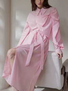 Aveloria Modichic Robe chemise à manches longues avec col chauve-souris décoré d'un nœud papillon, taille cintrée, ouverture devant, style minimaliste et élégant, rose clair - Rose bonbon - Voir 6