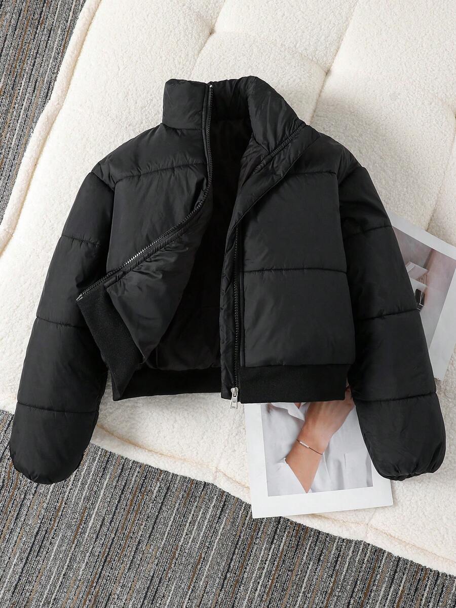 SHEIN Tween Girl 休闲绗缝加厚外套,松紧腰身,宽松版型,舒适适合秋冬日常、通勤、户外、派对、拍照 - 黑色 - 查看 1