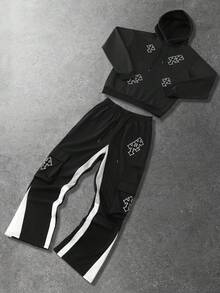ROMWE MEN Bộ đồ thể thao thường ngày in hình thánh giá Gothic và quần ống loe cho nam, trang phục mùa thu - màu đen - Xem 1