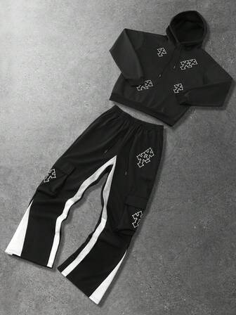 Street Life Men's Gothic Cross Print Hoodie And Flared Sweatpants Casual Tracksuit Set, Fall Clothes