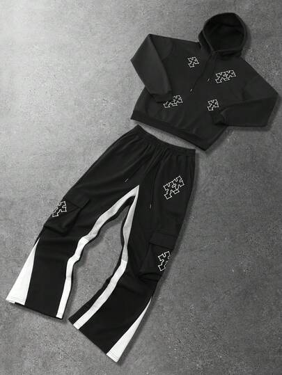 Street Life Men's Gothic Cross Print Hoodie And Flared Sweatpants Casual Tracksuit Set, Fall Clothes