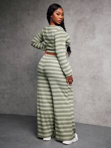 SHEIN SXY 2pcs/Set Plus Size Women Green Striped Crew Neck Tight T-Shirt And Striped Pants, Autumn/Winter - Multicolor - View 2