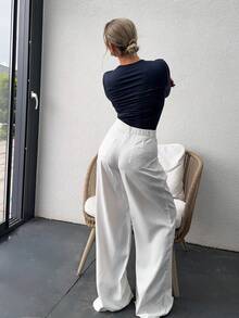 Jeta Ari Mid Rise Tailored Long Wide Leg Trousers Only Spring Summer Sexy Elegant Prom Vacation Occasion Office Work Fall - White - View 2