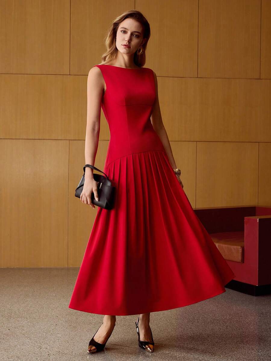 MOTF PREMIUM WOMEN'S ELEGANT PLEATED HEM DRESS FOR COMMUTING - Red - View 1