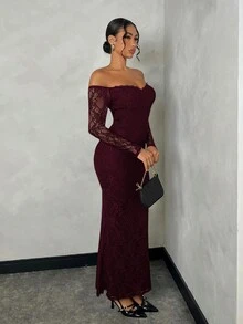 SHEIN BAE Váy đuôi cá trễ vai ren đen trơn dành cho nữ, phù hợp cho các buổi hẹn hò và tiệc tùng - Màu Tím - Xem 3