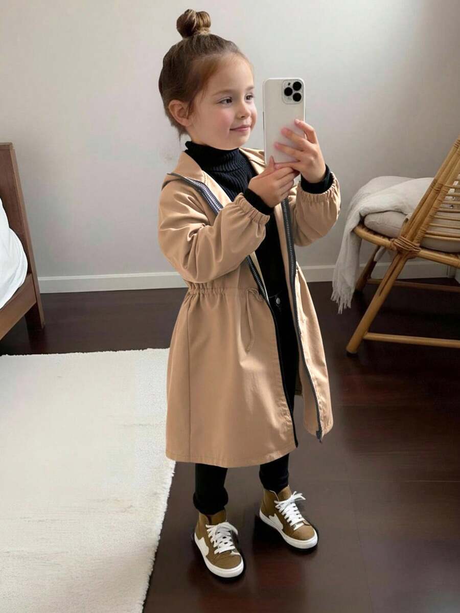 SHEIN 少女休閒連帽口袋中長版風衣冬外套,適合通勤與戶外穿著,春秋款奢華風衣外套 - 卡其色 - 查看 1