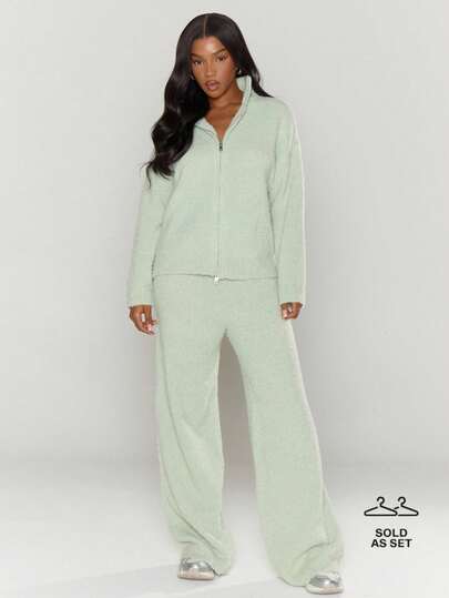 MUSERA High Funnel Neck Zip Down Oversized Fluffy Knit Sweater With Straight Fit Elasticated Waist Fluffy Knit Trousers Cute Classy Sexy Streetwear Fall Autumn Night Out Evening Party Elegant Christmas