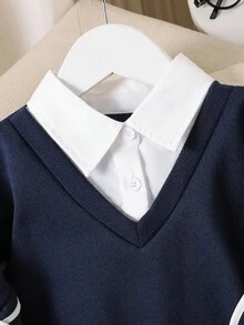 SHEIN Sparklyn Teen Girl Casual Pullover Sweatshirt, 2 In 1 Sweatshirt With Shirt Collar, Numeric & Letter, Leopard Print Pattern, Loose Fit - Navy Blue - View 4