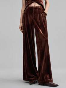 Ontre Women's Espresso Brown Winter Velvet Pants,Elegant Party Shiny Pocket Elastic Waist Wide Leg Trousers,Business Commute Old Money Style Office Wear - Rust Brown - View 7