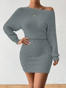Elenzga Autumn/Winter New Solid Color Cinched Waist Bodycon Knit Dress