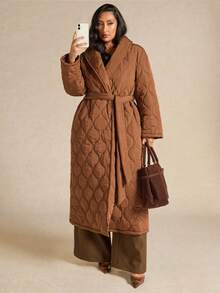 SHEIN BAE Plus Size Fashionable Versatile Solid Color Belted Jacket, Winter - Brown - View 7