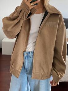 DAZY Damen Lässig Loose Fit Wildleder-Optik Jacke, Outdoor Street Style Mode, Herbst/Winter Damen Mäntel - Khaki - Übersicht 4