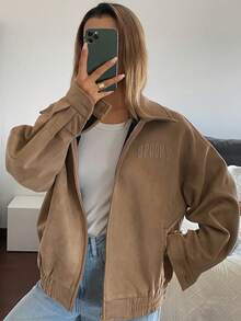 DAZY Damen Lässig Loose Fit Wildleder-Optik Jacke, Outdoor Street Style Mode, Herbst/Winter Damen Mäntel - Khaki - Übersicht 7