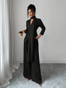 SHEIN Elenzya Women's Burgundy Thick Fabric V-Neck Asymmetric Collar Design Long Sleeve Blazer, Casual Jacket And Wide Leg Pants Set - Black - View 7