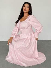 SHEIN Privé 加大码圆领插肩袖腰带优雅粉色连衣裙 - 粉色 - 查看 5
