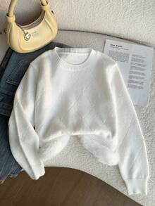 Genkimix Kids Jersey de niña con tejido especial de hilo, adornos de lentejuelas y perlas, cuello redondo, manga larga, jersey de punto, diseño de lujo con combinación, sensación de alta gama, estilo académico blanco puro, otoño/invierno