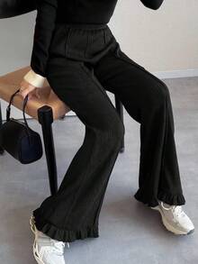 FRIFUL 女式休闲纯色荷叶边裤脚裤 - 黑色 - 查看 5