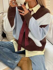 DAZY Plaid Loose Fit Long Sleeve Crew Neck Sweater For Women - Brown - View 4