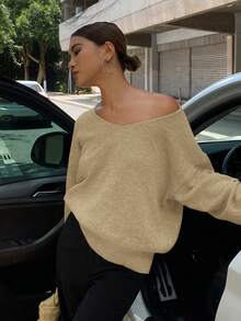 DAZY 女式休闲宽松纯色V领长袖毛衣 - 綠色 - 查看 1