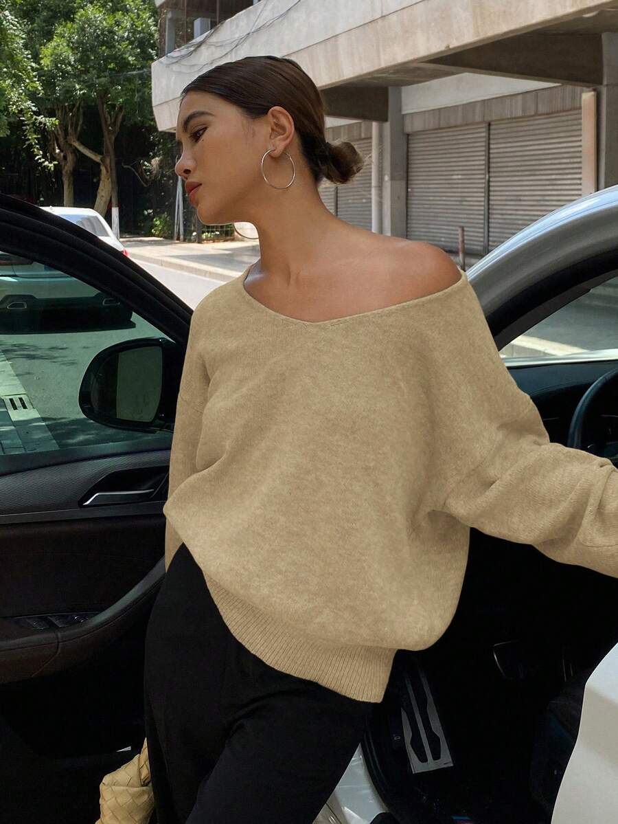 DAZY 女式休闲宽松纯色V领长袖毛衣 - 綠色 - 查看 1