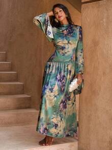 女式中式立领插肩袖全印花连衣裙 - 彩色 - 查看 6