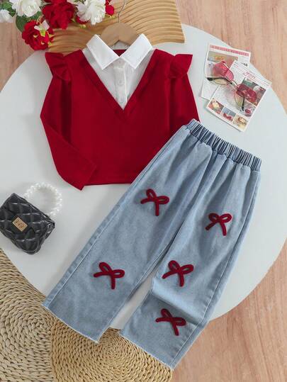 SHEIN 2件套女童复古二合一T恤（带蝴蝶结）和刺绣牛仔裤套装