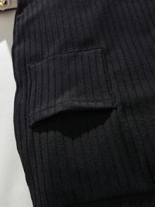 Elladie kids 少女黑色极简拼接罗纹长袖圆领上衣搭配舒适时尚A字裙，秋冬套装 - 黑色 - 查看 7