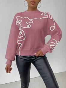 SHEIN LUNE 女士休闲3D图案针织毛衣，秋冬 - 紅木色 - 查看 6