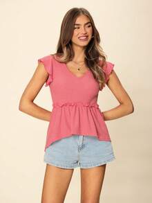 SHEIN LUNE Camiseta De Punto Para Mujer Con Dobladillo Con Volantes - Burdeos - Ver 4