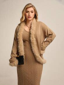 Juhart Elegant Knit Set For Winter, Camel Fuzzy Collar Cardigan Paired With Cable Slip Dress, Exuding Sophistication And Femininity, Suitable For Commute And Dates In Autumn/Winter - Khaki - View 4