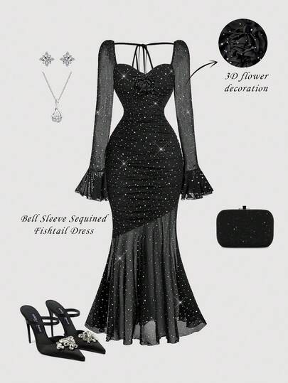 SHEIN MOD Women's Black Bell Sleeve Mermaid Dress,Birthday Outfits For Women,Vintage,2000s Style,Fairycore,Festival,Gothic,Wedding Guest Dress Women,Birthday Dresses For Women,Dresses For Women Party,Fairycore,Coquette,Going Out Dress,Fall Wedding Guest Dress,Sequin Dress ,Christmas Dress