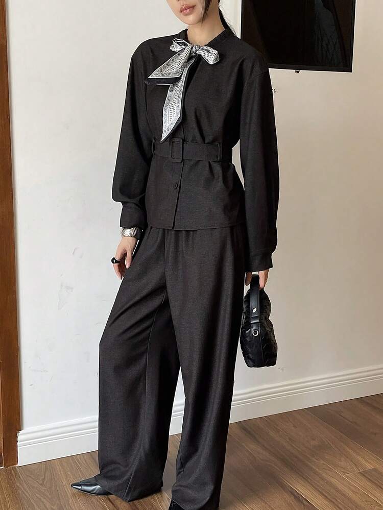 Women's Elegant Fashion Set, Scarf, Stylish Waist Decor Top And Straight Wide-Leg Pants 2 Pieces Set