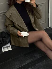 Easura معطف كاجوال أنيق بأكمام طويلة وأزرار فردية للنساء ذوات الأحجام الكبيرة، مناسب للخريف والشتاء - أخضر عسكري - مشاهدة 3