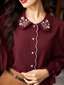 Vintamour Vintage Elegant Women's Floral Embroidery Contrast Trim Button Peter Pan Collar Casual Vacation Blouse Back To School Cute Tops Teacher Going Out Tops Women Fall School Babydoll Top Vacation Birthday Fall Winter Country Concert Western Wear Women Teacher Button Up Shirt Work Church,Red Tops For Women