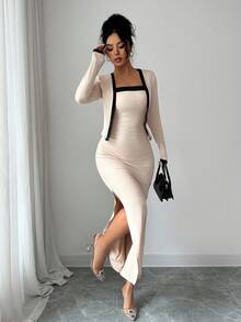 SHEIN Elenzya Bộ 2 chiếc áo khoác cardigan dài tay phối màu thanh lịch dành cho nữ và váy liền thân, thích hợp cho tiệc tùng, họp mặt gia đình, Giáng sinh, Halloween, ngày lễ tình nhân, năm mới, đi làm và mặc thường ngày, mùa thu/đông - Màu be - Xem 3