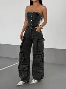 StreetHx 女式纯色前扣吊带背心连体裤，时尚实用牛仔连体衣