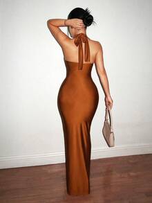 Sirith 1pc Women's Solid Color Deep V Neck Backless Fitted Long Dress Maxi Women Outfit - Brown - View 2