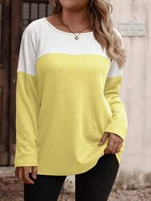 EMERY ROSE Women's Autumn/Winter New Round Neck Long Sleeve Color Block, Decorative Buttons, Small Plaid Texture Fabric Plus Size T-Shirt - Multicolor - View 4