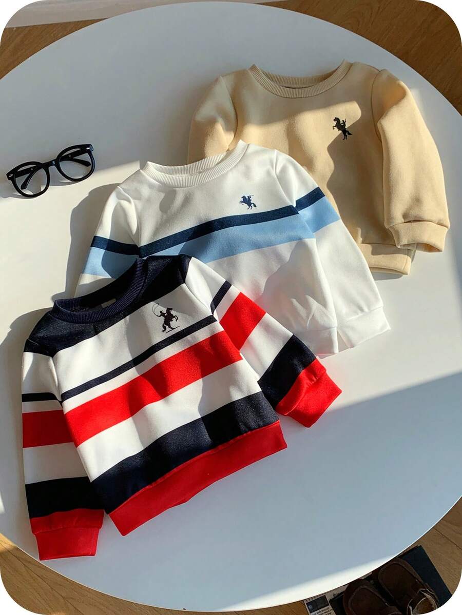 SHEIN 3pcs/Set Baju Sweatshirt Lengan Panjang Kasual Bergaris Serbaguna untuk Bayi Laki-laki, Cocok untuk Semua Ukuran, Paket Multi - MultiWarna - View 1