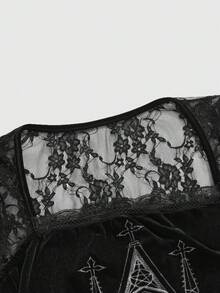 ROMWE Top à manches évasées avec col carré en velours, patchwork et dentelle, style gothique vintage d'Halloween pour femmes