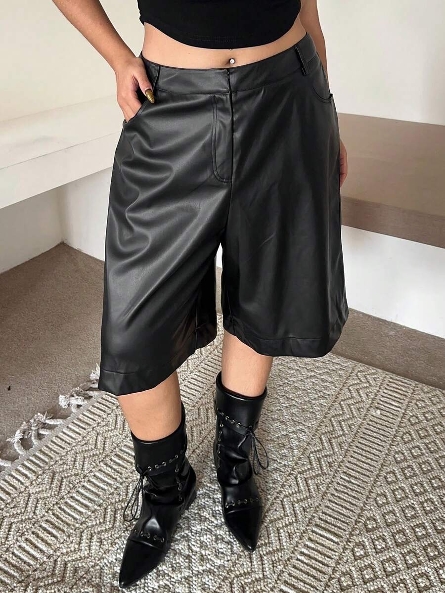 Dazy Plus Plus Size Black PU Leather Loose Wide Leg Shorts, Fashion, Autumn/Winter - Black - View 1