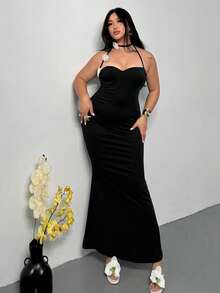 Firerie Elegantes, romantisches Date Night, sexy Party, moderner Retro-Farbblock 3D Blumen-Spaghettiträger-Bodycon-Meerjungfrau-Maxikleid mit Rückenschlitz, geeignet für Valentinstag, Geburtstag, Hochzeit, Sommer, Musikshow, formelle Anlässe, Arbeit, Schulanfang, Urlaub, Strand, Bürodame, Meerjungfrau-Stil, Geburtstagsparty, Große Größen - Schwarz - Übersicht 4