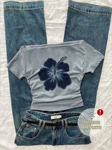 Attitoon 女士休闲腰部褶饰露肩芙蓉花印花修身短袖 T 恤，百搭舒适，适合夏季，Y2K - 淺灰色 - 查看 1