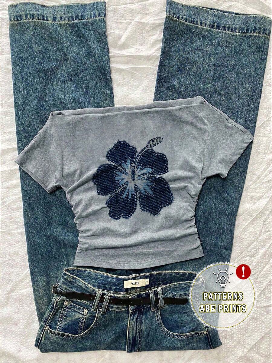 Attitoon 女士休闲腰部褶饰露肩芙蓉花印花修身短袖 T 恤，百搭舒适，适合夏季，Y2K - 淺灰色 - 查看 1