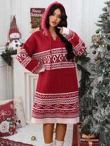 EMERY ROSE Plus-Size Women's Dress, Solid-Color Knitted With Diamond Ribbing, Casual & Elegant, Autumn & Winter Sweater Dress, Suitable For Christmas, Back-To-School, Vacation & OfficeChristmas Outfits Women's Winter Apparel