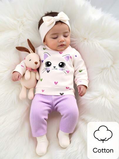 Newborn Baby Girl's White Sweater With Printed Cat Pattern Long-Sleeved Top Matched With Pink Striped Pants 2 Pieces Set. Fashionable And Cute Cartoon Style, Comfortable Fabric, Suitable For Photography And Outdoor Activities
