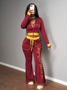 Slaydiva Bộ đồ hai mảnh nữ mùa thu đông 2025 mới, áo trùm đầu dài tay hở trước ngắn màu đỏ rượu vang và vàng, dáng ôm vừa vặn, quần ống loe cạp cao, thích hợp cho các bữa tiệc, trang phục rave, trang phục Halloween, đi chơi đêm, trang phục câu lạc bộ gợi cảm cho phụ nữ, trang phục ăn trưa cho phụ nữ, thời trang đường phố, đi chơi hàng ngày, trở lại trường, thể thao-A - Màu Đỏ Sâu - Xem 6